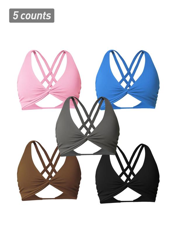 Women's Criss Cross Twist Front Wireless Sports Bra, Solid Color Breathable Comfortable Quick Drying Sports Bra, Ladies Sportswear for Indoor Outdoor Wear, Sports Bra