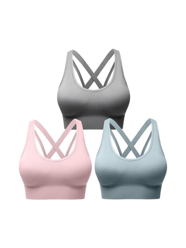 Women's 5 Counts Solid Criss Cross Backless Sports Bra, Comfortable Breathable Workout Yoga Bras, Ladies Sportswear for Indoor Outdoor Wear