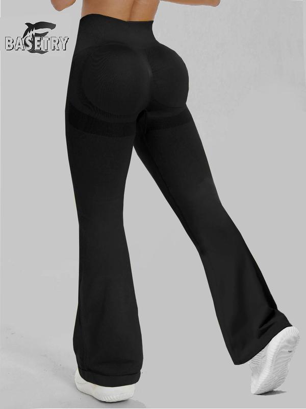 Women's Solid Textured High Waist Flare Leg Sports Leggings, Casual Comfy Breathable Seamless Yoga Pants, Ladies Sportswear for Indoor Outdoor Wear