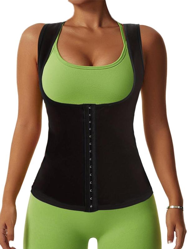 Women's Solid Tummy Control Hook-and-eye Sauna Top, Adjustable Sports Gym Tops, Waist Trainer for Lady, Women's Compression Shirts, Summer Sports Clothing for Women