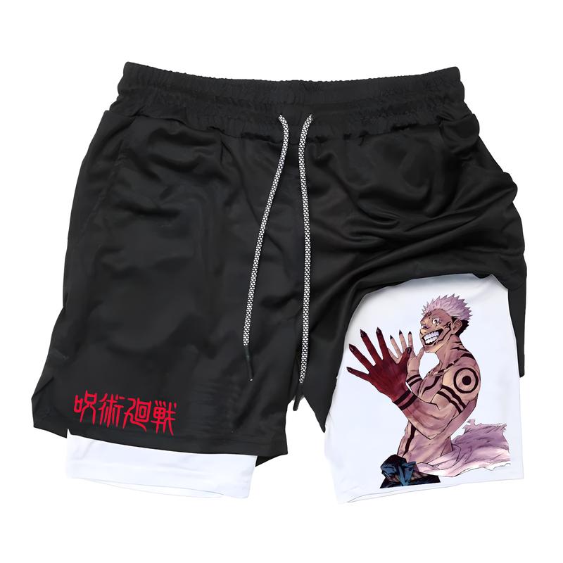 Men Anime Gym Shorts Mesh Swim Compression Shorts Stylish Print 2 in 1 Running Short  Men Gym Sports Workout Fitness Shorts with Pockets Summer Athletic Quick Dry Stretchy Shorts