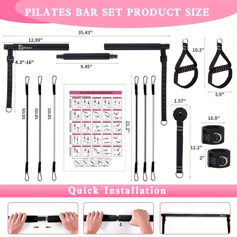 Pilates Bar Kit With 6x Resistance Bands (20 30 50lbs), Pilates Bar With Stackable Bands Workout Equipment For Legs, Hip, Waist And Arm, Exercise Fitness Equipment For Women & Men Home Gym Yoga Pilates Black