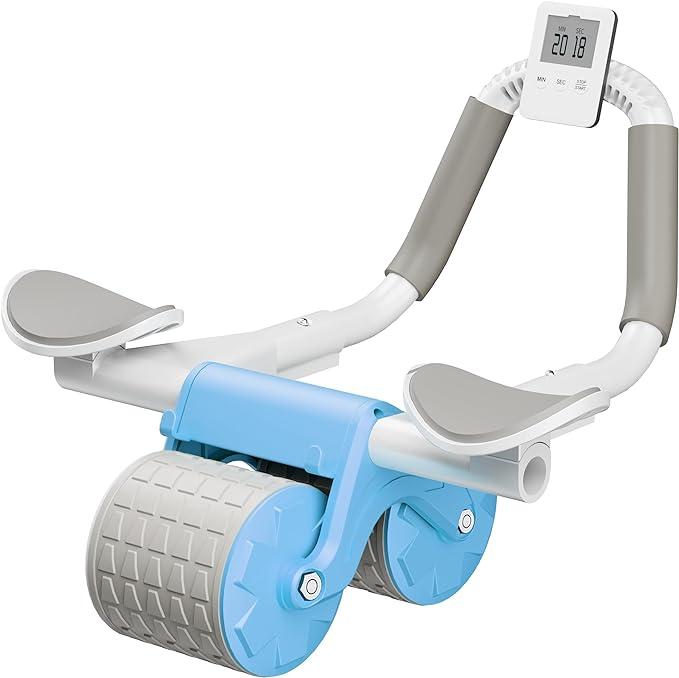 Ab Roller Wheel Fitness Equipment with Knee Matt & Timer, Automatic Rebound, Elbow Support, Phone Holder Design - Stronger Elbow Support Structure