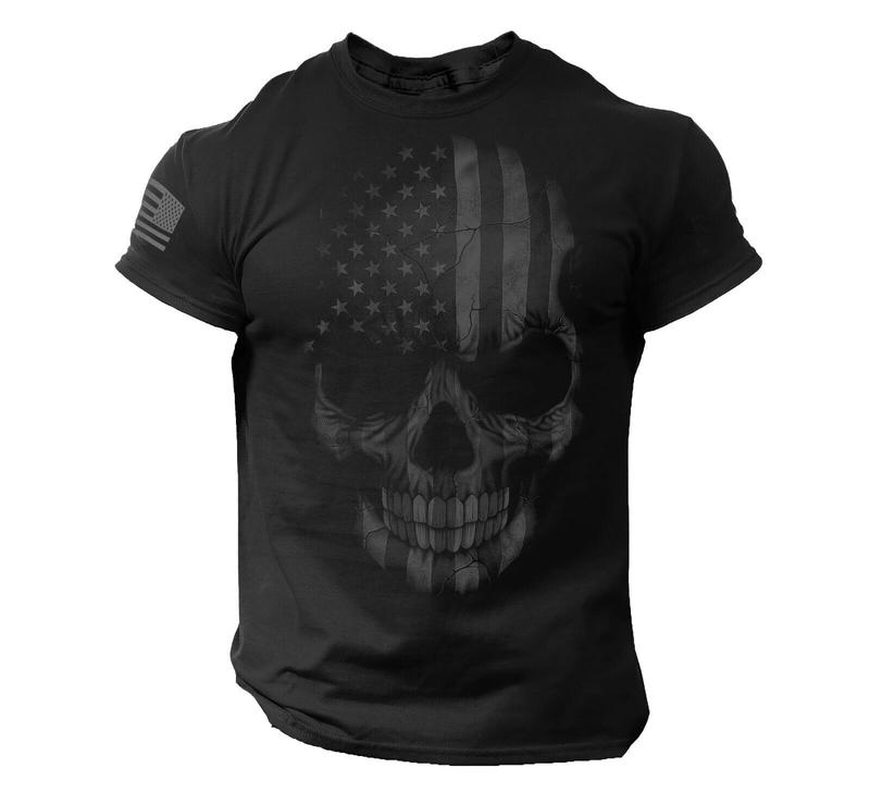 Skull USA Distressed Men T Shirt American Flag Tee Gym Biker