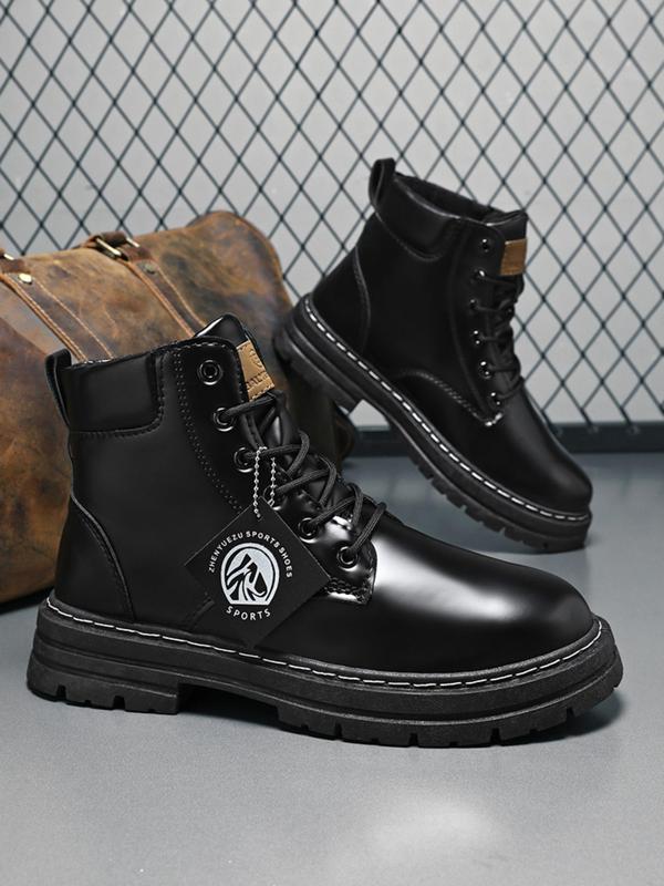 Men's Fashionable Letter Patched Design Lace Up Hiking Shoes, Sporty Outdoor Boots for Daily Wear, Male All-match Round Toe Shoes for Daily Wear