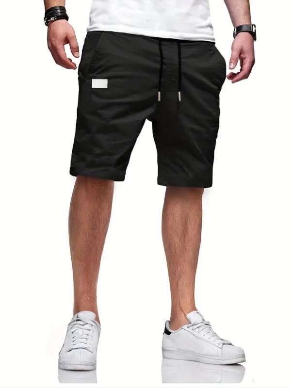 Men's Regular Fit Solid Patched Drawstring Pocket Shorts, Quick Drying Straight Leg Shorts for Daily Workout Running, Men Streetwear Bottoms for Summer