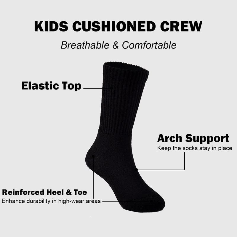 Boys Socks Kids Cushioned Crew Socks Girls Thick Cotton Athletic Running Socks Black White 6 Pack