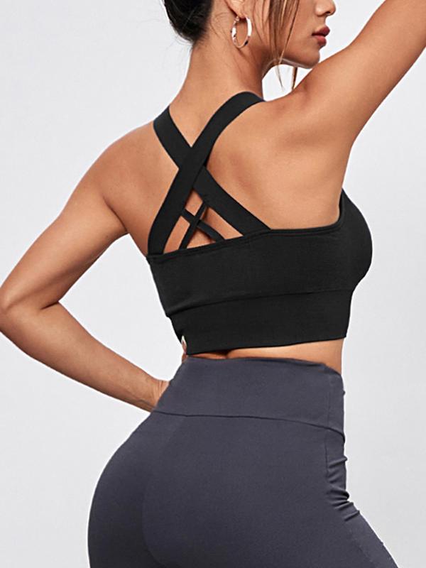 Women's Solid Criss Cross Backless Sports Bra, Breathable Comfortable Wireless Sports Bra, Ladies Sportswear for Indoor Outdoor Wear