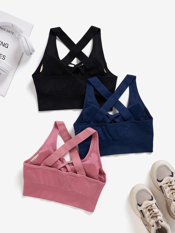 Women's Solid Criss Cross Backless Sports Bra, Breathable Comfortable Wireless Sports Bra, Ladies Sportswear for Indoor Outdoor Wear