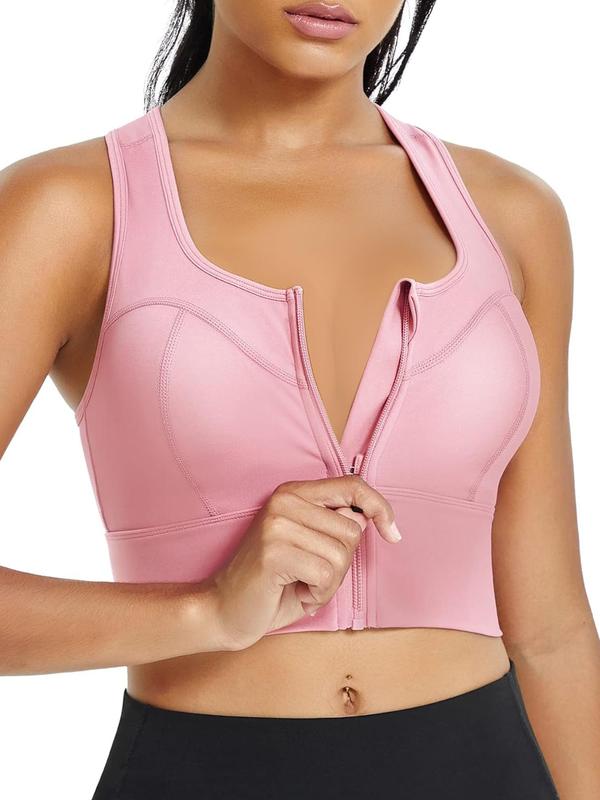 Women's Solid Zip Front Sports Bra, Breathable Comfortable High Stretch Sports Bra, Ladies Sportswear for Indoor Outdoor Wear