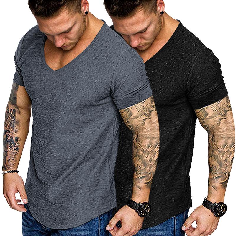 COOFANDY Mens 2 Pack Muscle V Neck T Shirt Fitted Gym Workout Short Sleeve Tee