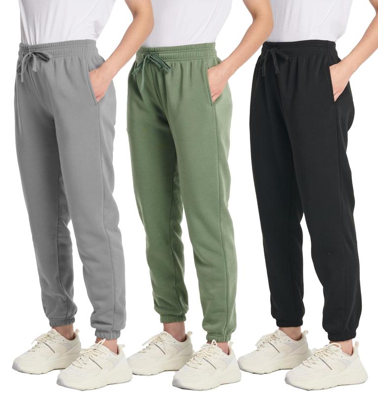 Real Essentials 3 Pack: Women's Fleece Jogger Sweatpants (Available in Plus Size)