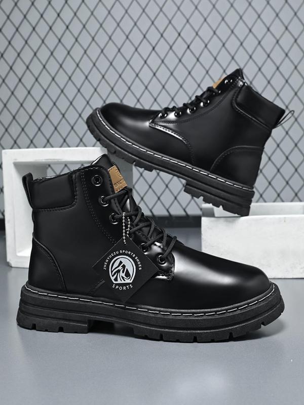 Men's Fashionable Letter Patched Design Lace Up Hiking Shoes, Sporty Outdoor Boots for Daily Wear, Male All-match Round Toe Shoes for Daily Wear