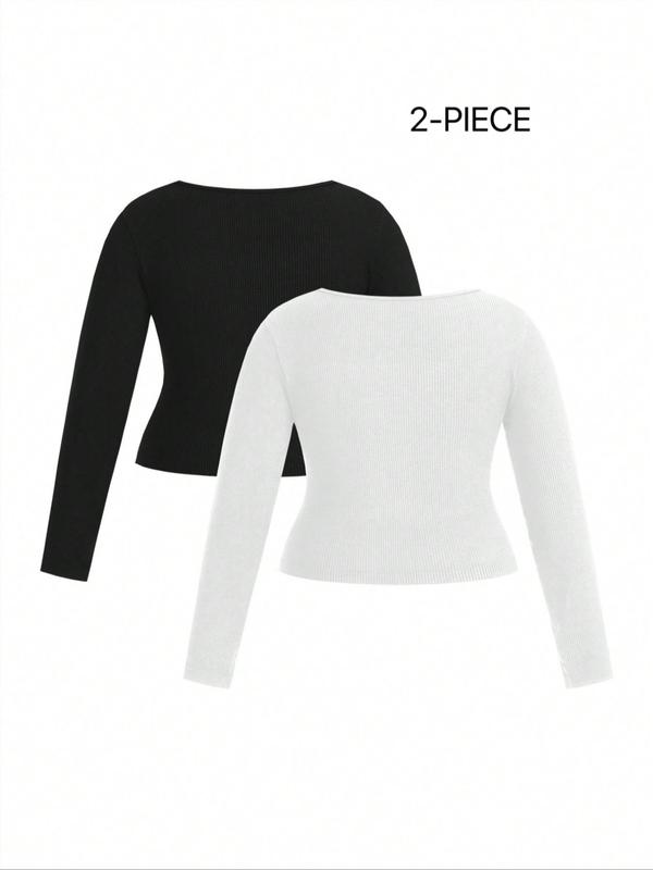 Plus Size 2pcs Solid Long Sleeve Ribbed Sports Tee, Casual Square Neck Tight-fitting T-shirt for Summer, Women's Sportswear for Indoor Outdoor Wear