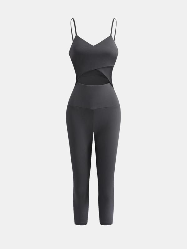 YOZY Women's Solid Long Sleeve Crop Top & Wrap Cut Out Cami Skinny Jumpsuit Two-piece Set, Sporty Casual Comfy Breathable Outfits for Yoga Gym Workout Running, Ladies Clothes for All Seasons