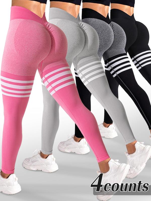 Women's Striped Print Ruched High Waist Sports Leggings, Sporty Comfy Breathable V-shaped Waist Skinny Pants for Yoga Gym Workout Running, Ladies Sportswear for All Seasons