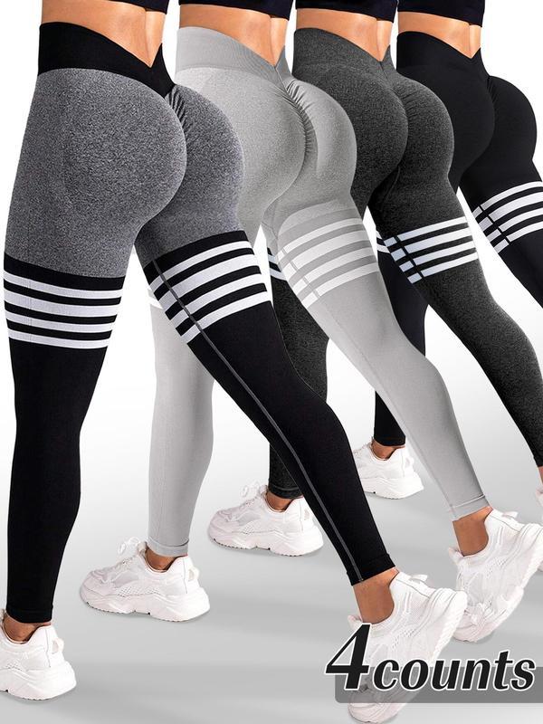 Women's Striped Print Ruched High Waist Sports Leggings, Sporty Comfy Breathable V-shaped Waist Skinny Pants for Yoga Gym Workout Running, Ladies Sportswear for All Seasons