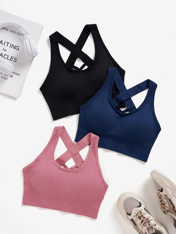 Women's Solid Criss Cross Backless Sports Bra, Breathable Comfortable Wireless Sports Bra, Ladies Sportswear for Indoor Outdoor Wear