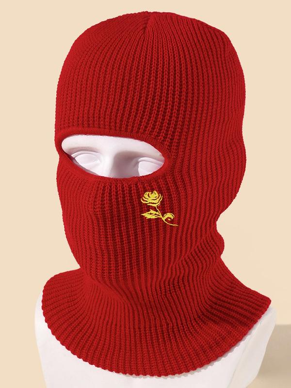 Unisex Sporty Trendy Rose Embroidered Balaclava Hat, Casual Soft Face Covering Fitted Hat, Comfy Warm Balaclava Hat for Daily Outdoor Sports