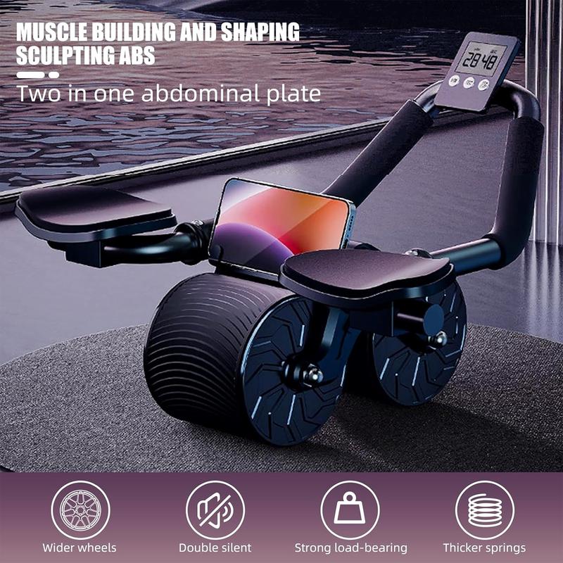 Ab Roller Wheel Fitness Equipment with Knee Matt & Timer, Automatic Rebound, Elbow Support, Phone Holder Design - Stronger Elbow Support Structure