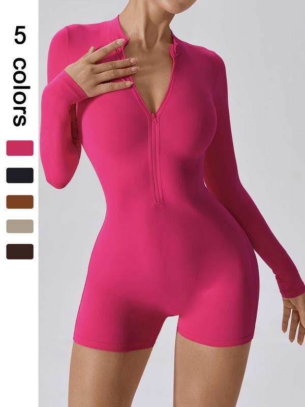 Sporty Women's Solid Color Half Zip Mock Neck Sports Romper, High Stretch Long Sleeve Skinny Romper for Yoga Gym Workout, Ladies Sportswear for All Seasons, Tummy Control