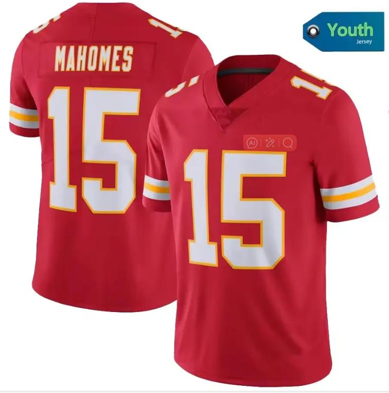 Junior Kids No. 15  Patrick Mahomes High quality American red, black and white stitched soccer jersey