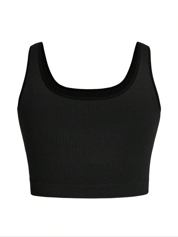 Plus Size Solid Ribbed Sports Bra, Breathable Comfortable Yoga Bra for Tennis Pickleball, Gym Clothes, Women's Gym Workout Tops for Summer