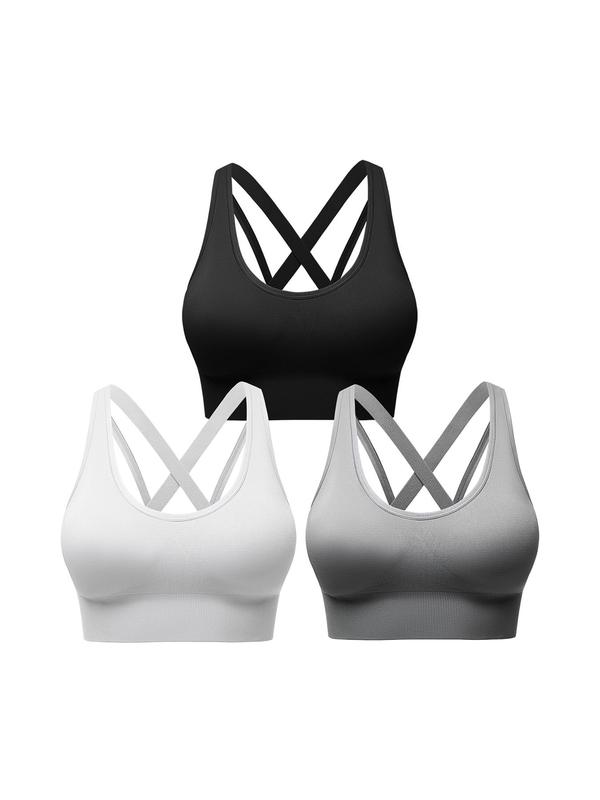 Women's 5 Counts Solid Criss Cross Backless Sports Bra, Comfortable Breathable Workout Yoga Bras, Ladies Sportswear for Indoor Outdoor Wear