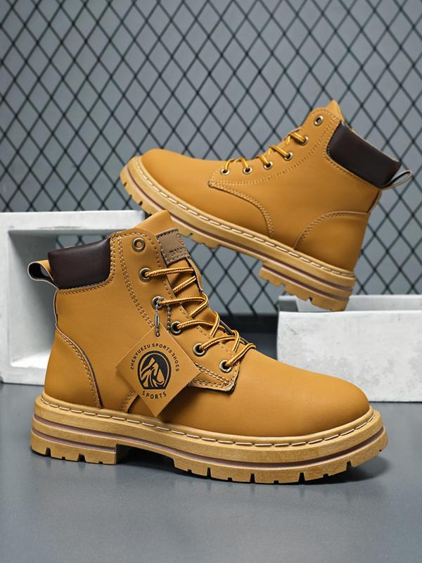 Men's Fashionable Letter Patched Design Lace Up Hiking Shoes, Sporty Outdoor Boots for Daily Wear, Male All-match Round Toe Shoes for Daily Wear