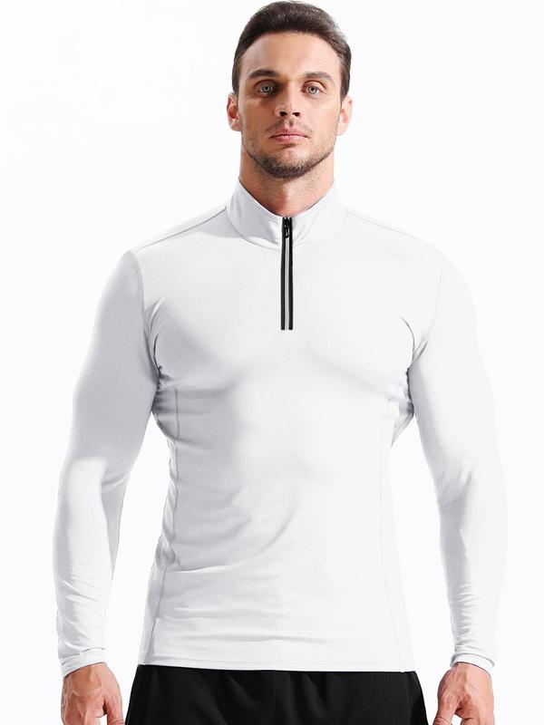 Men's Solid Zipper Mock Neck Sports Tee, Quick Drying Long Sleeve T-shirt, Sporty Top for Running Basketball Marathon, Casual Menswear