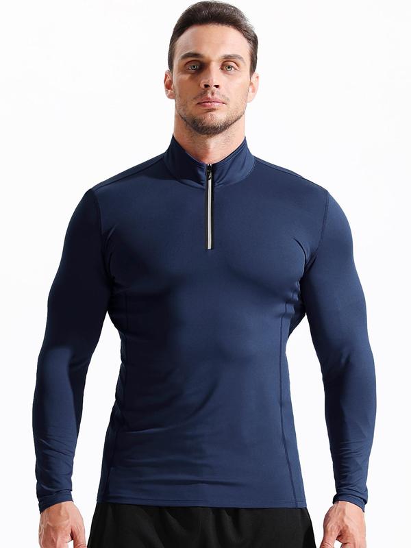 Men's Solid Zipper Mock Neck Sports Tee, Quick Drying Long Sleeve T-shirt, Sporty Top for Running Basketball Marathon, Casual Menswear