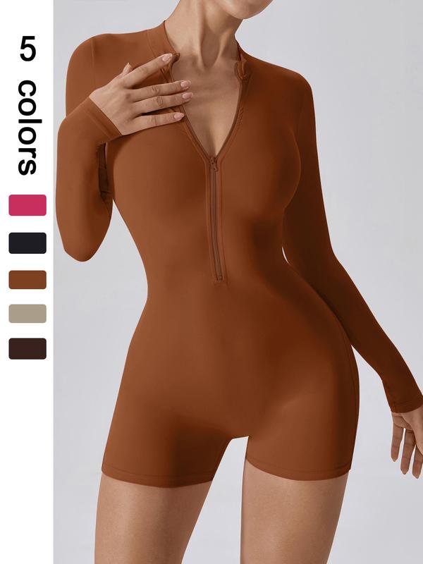 Sporty Women's Solid Color Half Zip Mock Neck Sports Romper, High Stretch Long Sleeve Skinny Romper for Yoga Gym Workout, Ladies Sportswear for All Seasons, Tummy Control
