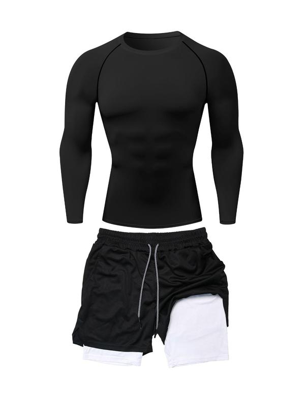 Sporty Men's Plain Raglan Sleeve Tee & 2-IN-1 Drawstring Pocket Towel Loop Shorts Tracksuit Set, Sport Breathable Comfortable Outfits for Gym Workout Running, Men's Sportswear for Spring & Fall