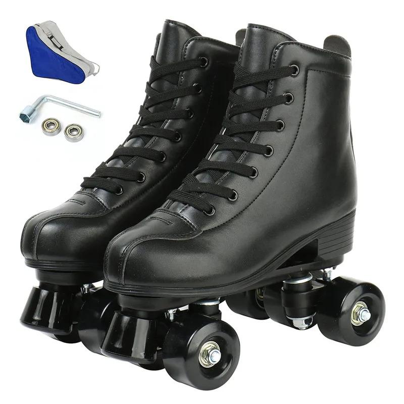 PU Leather Roller Skates Skating Shoes Sliding Inline Quad Skates Sneakers Training Europe Size 4 Wheels Flash Roller Skate