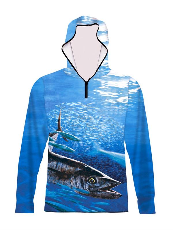 Men's All Over Print Half Zip Up Hooded Rashguard, Casual Breathable Long Sleeve Hooded Top for Outdoor Fishing, Men's Sportswear for Spring