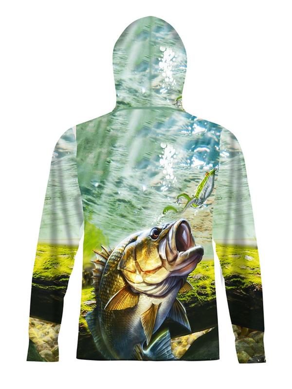 Men's All Over Print Half Zip Up Hooded Rashguard, Casual Breathable Long Sleeve Hooded Top for Outdoor Fishing, Men's Sportswear for Spring