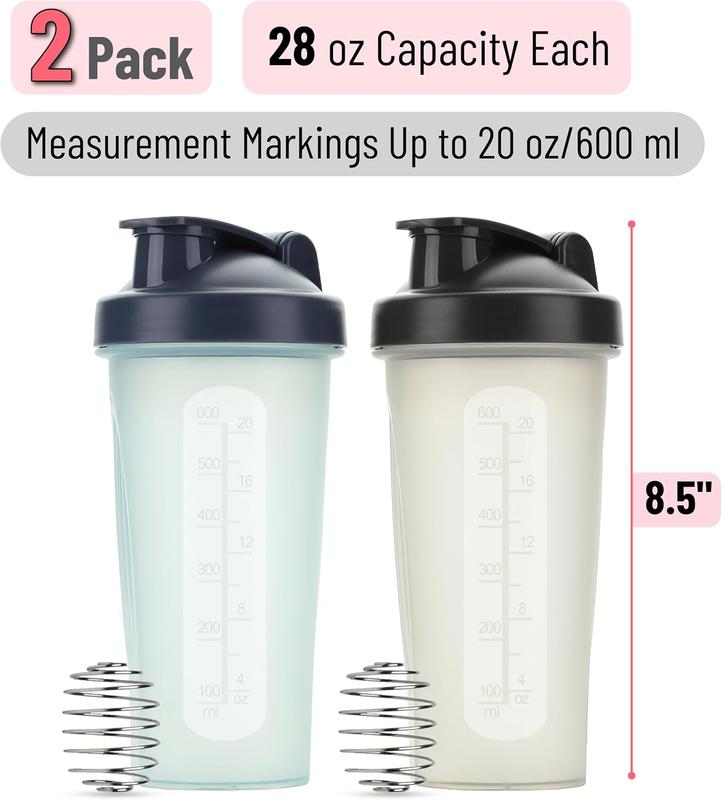 Protein Shaker Bottle Set 28 oz 2 Pack with Wire Whisk Ball, for Smooth Mixing of Protein Shakes - Available in 2 Colors.