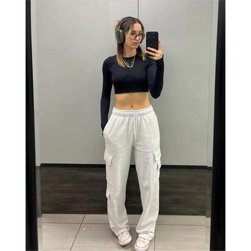 Goranbon Womens Cargo Sweatpants Elastic Low Waist Drawstring Joggers Pants Baggy Straight Leg Y2K Trousers with Pockets