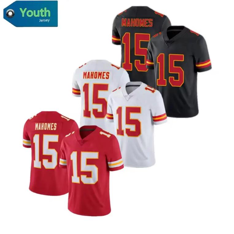 Junior Kids No. 15  Patrick Mahomes High quality American red, black and white stitched soccer jersey