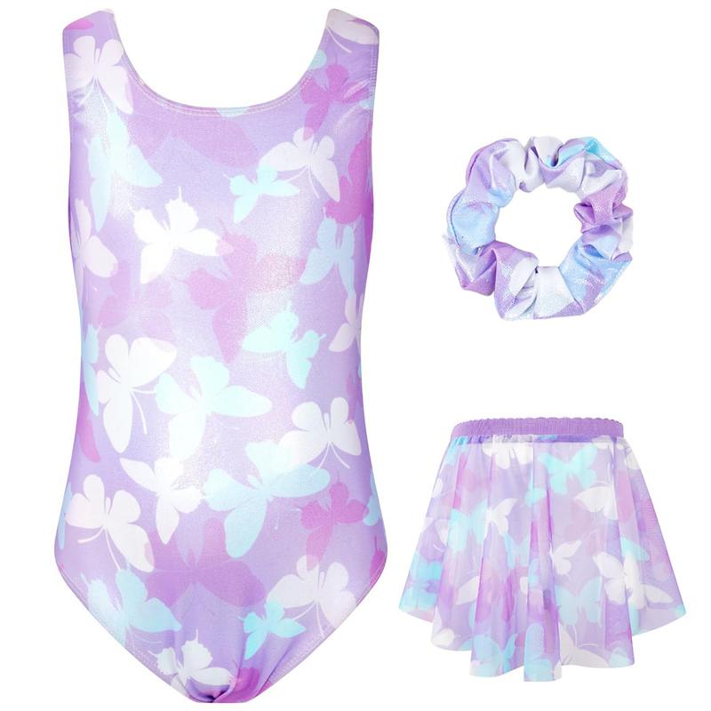 JiAmy Girls Gymnastics Leotards, Glitter Ballet Unitards Dance Biketards with Skirt & Hairband for Kids 3-12 Years