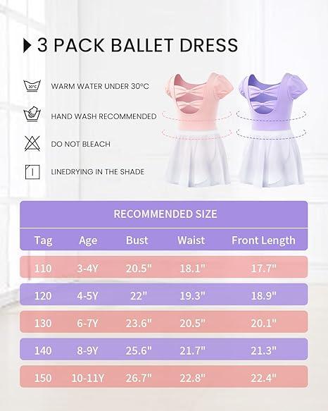 Gogokids 3 Pcs Ballet Leotards for Girls, Toddler Dance Dress Outfit with Removable Shiny Skirt Combo