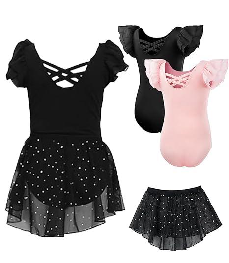 Gogokids 3 Pcs Ballet Leotards for Girls, Toddler Dance Dress Outfit with Removable Shiny Skirt Combo