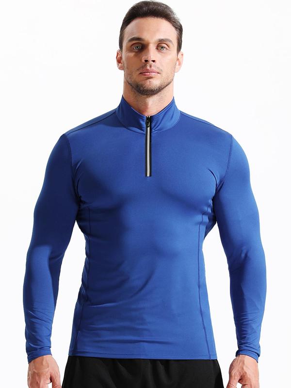 Men's Solid Zipper Mock Neck Sports Tee, Quick Drying Long Sleeve T-shirt, Sporty Top for Running Basketball Marathon, Casual Menswear