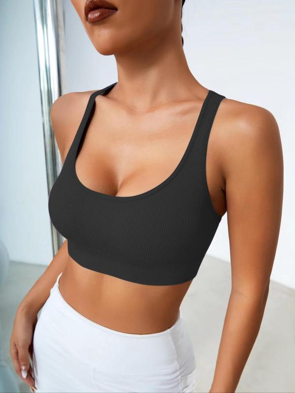 Women's Plain Criss Cross Backless Sports Bra, Slightly Sheer Unpadded Cup Sports Bra, Sporty Breathable Bra for Yoga Workout for Fall, Gym Clothes Women, Fall Outfits Black Girl