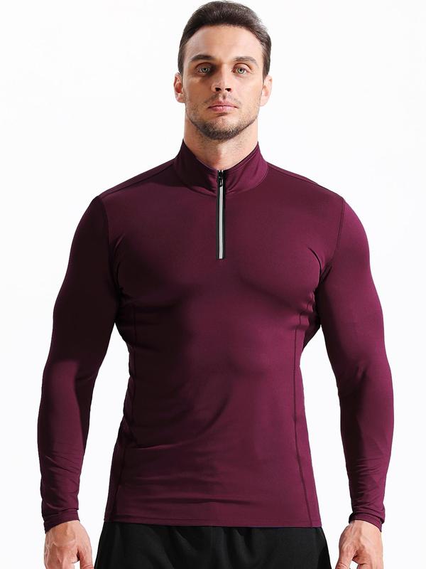 Men's Solid Zipper Mock Neck Sports Tee, Quick Drying Long Sleeve T-shirt, Sporty Top for Running Basketball Marathon, Casual Menswear