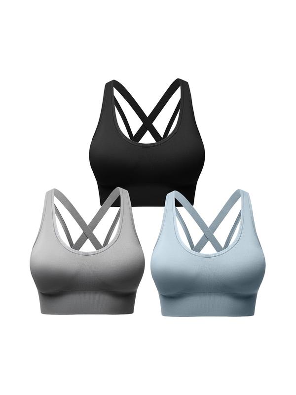 Women's 5 Counts Solid Criss Cross Backless Sports Bra, Comfortable Breathable Workout Yoga Bras, Ladies Sportswear for Indoor Outdoor Wear