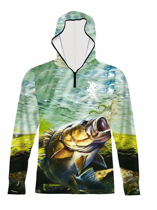 Men's All Over Print Half Zip Up Hooded Rashguard, Casual Breathable Long Sleeve Hooded Top for Outdoor Fishing, Men's Sportswear for Spring