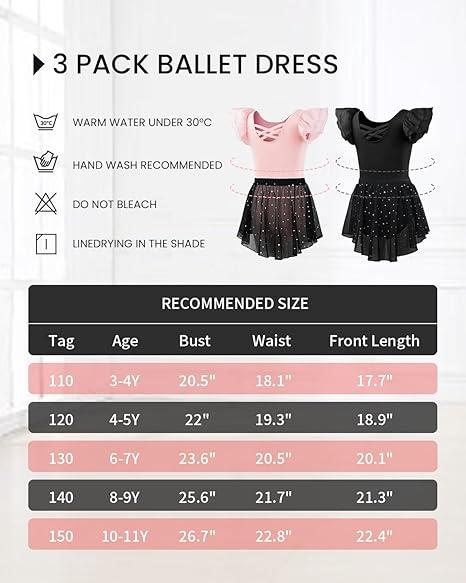 Gogokids 3 Pcs Ballet Leotards for Girls, Toddler Dance Dress Outfit with Removable Shiny Skirt Combo