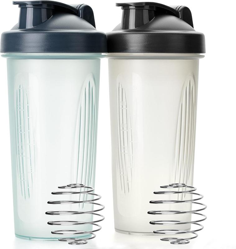 Protein Shaker Bottle Set 28 oz 2 Pack with Wire Whisk Ball, for Smooth Mixing of Protein Shakes - Available in 2 Colors.