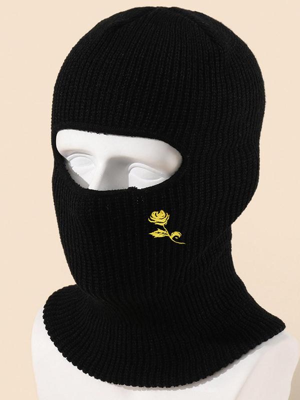 Unisex Sporty Trendy Rose Embroidered Balaclava Hat, Casual Soft Face Covering Fitted Hat, Comfy Warm Balaclava Hat for Daily Outdoor Sports